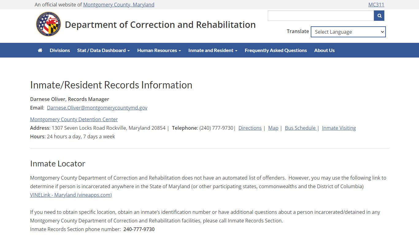 Inmate/Resident Records Information - Montgomery County Maryland